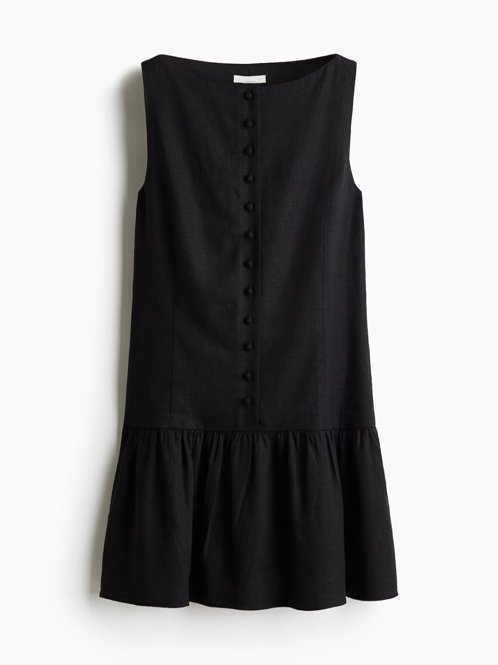 H&M Black Linen Blend Button Front Mini Dress Sleeveless Ruffle Hem Sz M